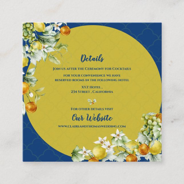 Tarjeta De Recepción Elegant Blue Floral Gold Citrus Wedding Details (Anverso)