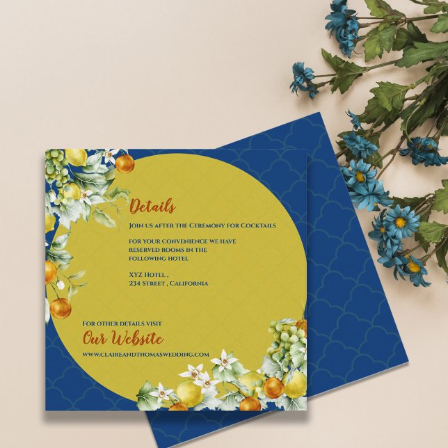 Tarjeta De Recepción Elegant Blue Gold Citrus Floral Wedding Details (Elegant Blue Gold Citrus Floral Wedding Details Enclosure Card)