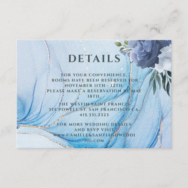 Tarjeta De Recepción Elegant Blue & Gold Wedding Enclosure Card  (Anverso)