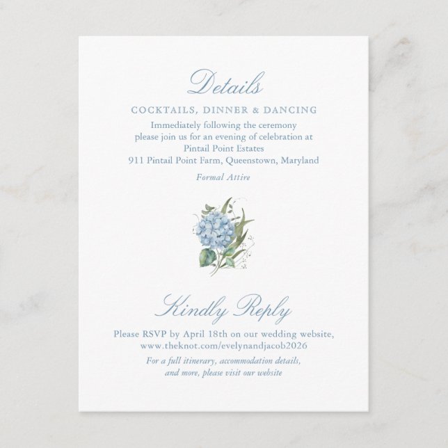 Tarjeta De Recepción Elegant Blue Hydrangea Monogram Enclosure Card (Anverso)