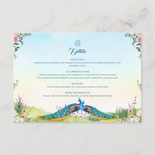 Tarjeta De Recepción Elegant Blue Peacock Botanical Wedding Style (Anverso)