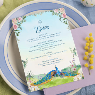 Tarjeta De Recepción Elegant Blue Peacock Botanical Wedding Style