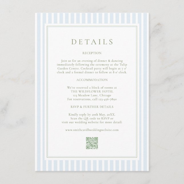 Tarjeta De Recepción Elegant Blue Stripes Sage Wedding Details Card (Anverso)