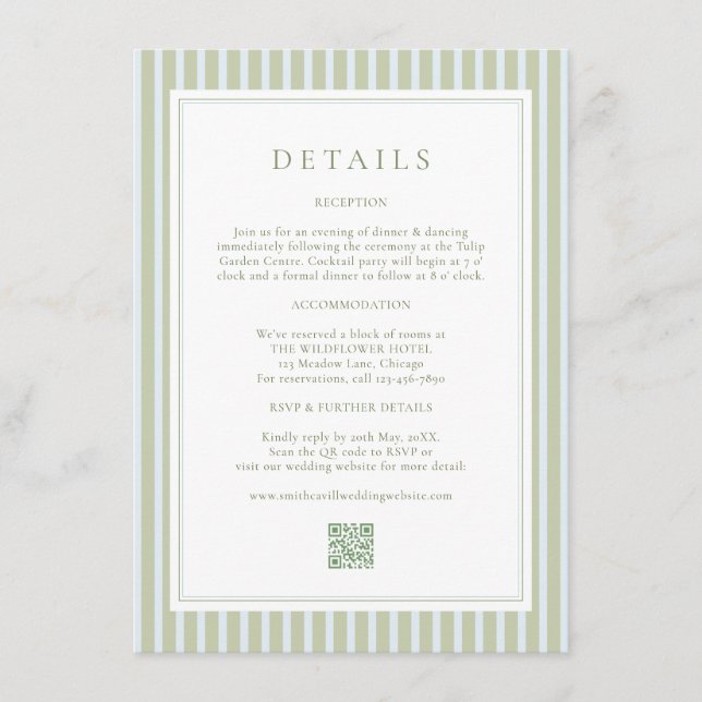 Tarjeta De Recepción Elegant Blue Stripes Sage Wedding Details Card (Anverso)