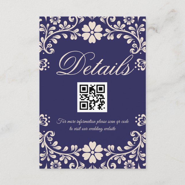 Tarjeta De Recepción Elegant Blue Wedding Qr code Details (Anverso)
