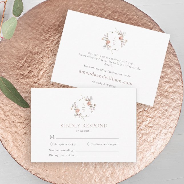 Tarjeta De Recepción Elegant Blush Floral Monogram RSVP & Info Card (Subido por el creador)
