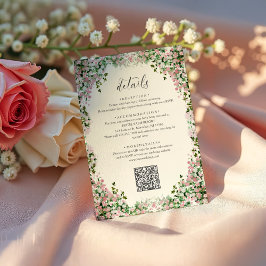 Tarjeta De Recepción Elegant Blush Garden Wedding Details with QR code