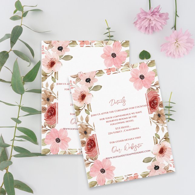 Tarjeta De Recepción Elegant Blush Pink Floral Wedding Details (Elegant Blush Pink Floral Wedding Details Enclosure Card)
