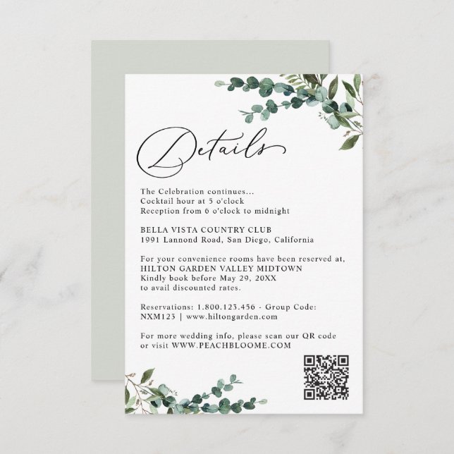 Tarjeta De Recepción Elegant Botanical Greenery QR Code Wedding Details (Anverso / Reverso)