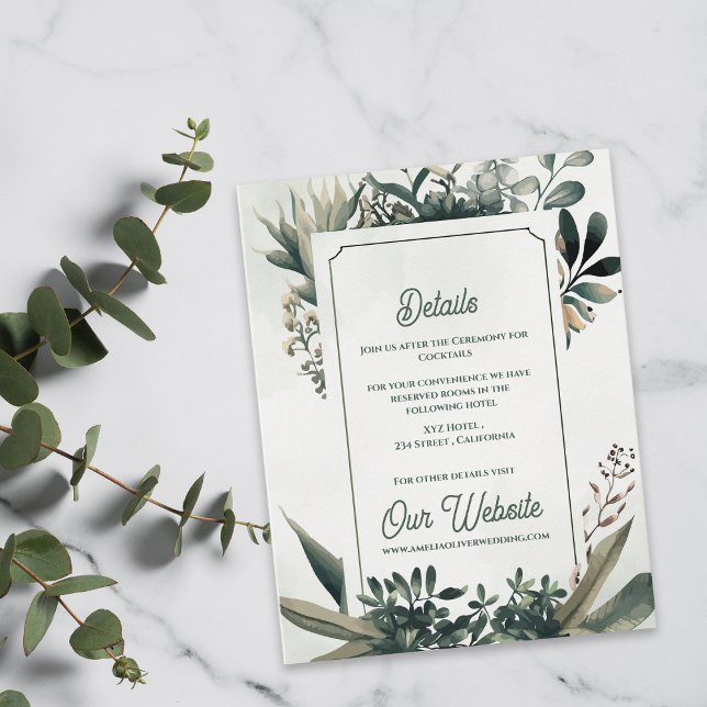Tarjeta De Recepción Elegant Botanical Greenery Wedding Details (Elegant Botanical Greenery Wedding Details Card | Sage Green Garden Wedding Enclosure)