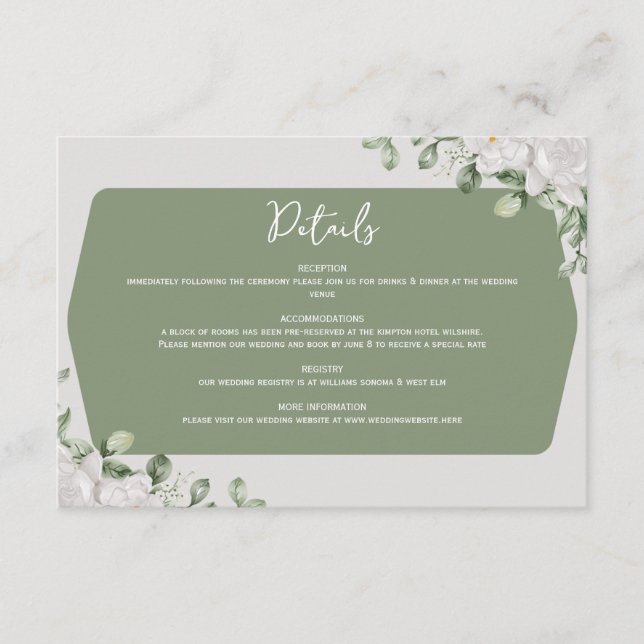 Tarjeta De Recepción Elegant Botanical Sage Green White Floral Design  (Anverso)