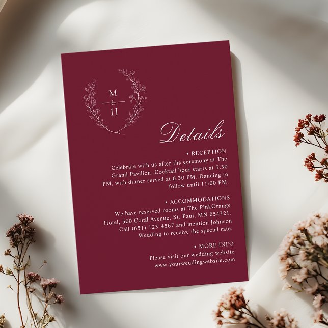 Tarjeta De Recepción Elegant Burgundy Boho Monogram Wedding Details (Subido por el creador)