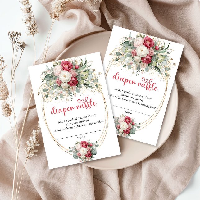 Tarjeta De Recepción Elegant Burgundy Floral Greenery Diaper Raffle (Elegant Burgundy Floral Greenery Diaper Raffle)