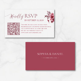 Tarjeta De Recepción Elegant Burgundy Floral QR Code Wedding RSVP Card