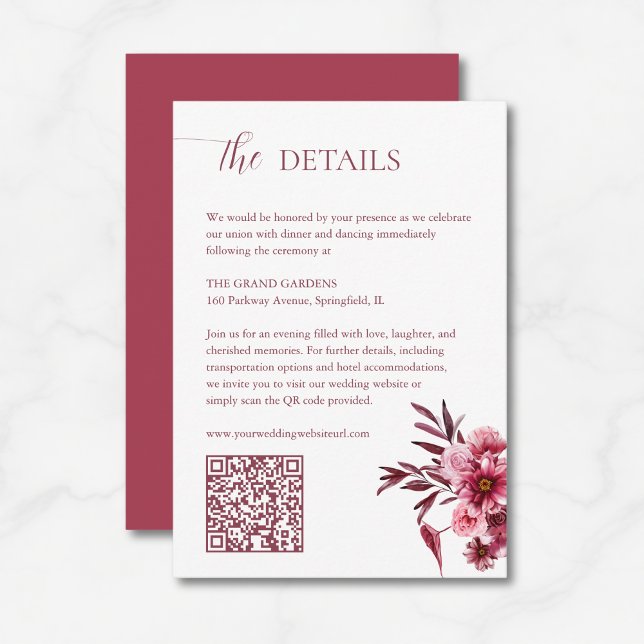 Tarjeta De Recepción Elegant Burgundy Floral Wedding Details Card QR  (Subido por el creador)