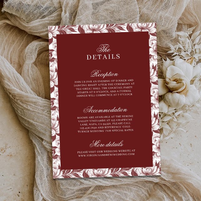 Tarjeta De Recepción Elegant Burgundy Luxury Old Money Wedding Details (Subido por el creador)