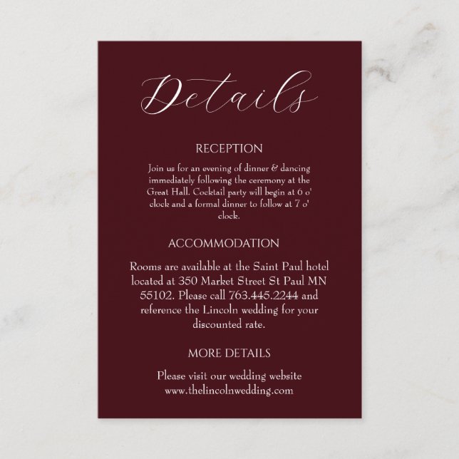 Tarjeta De Recepción Elegant Burgundy Minimalist Wedding (Anverso)