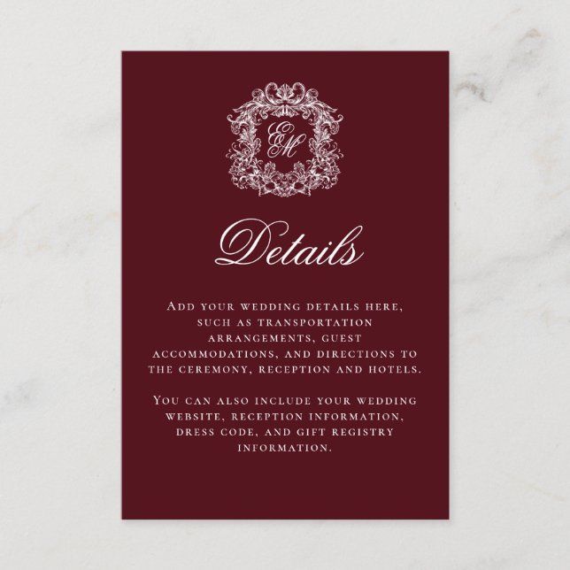 Tarjeta De Recepción Elegant Burgundy Monogram Crest Wedding Details (Anverso)