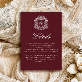 Tarjeta De Recepción Elegant Burgundy Monogram Crest Wedding Details