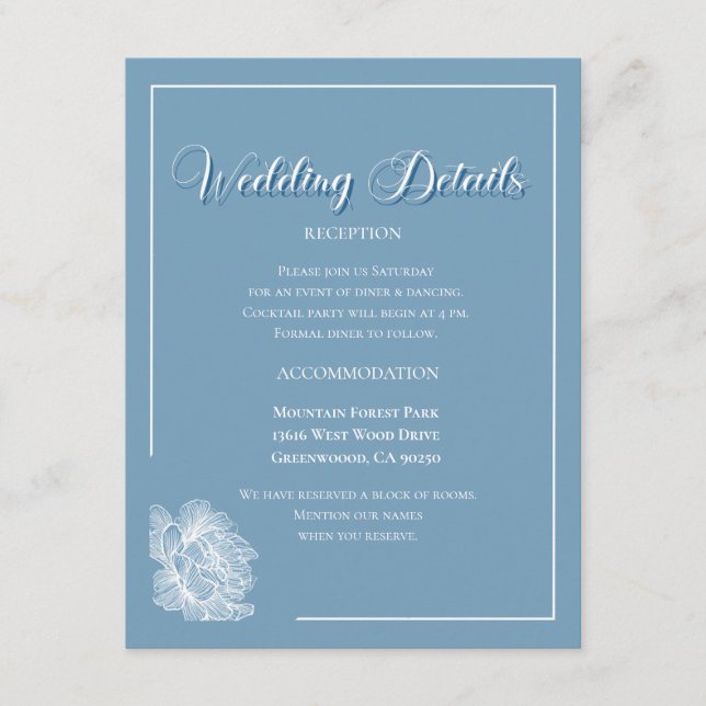 Tarjeta De Recepción Elegant Calligraphy Dusty Blue Floral Wedding (Anverso)