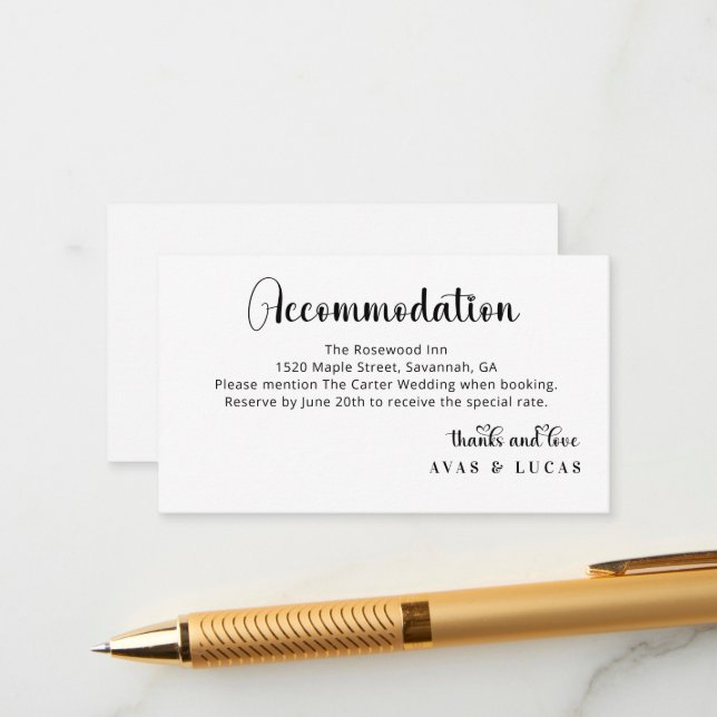 Tarjeta De Recepción Elegant Calligraphy Script Wedding Accommodations (Anverso/Reverso In Situ)