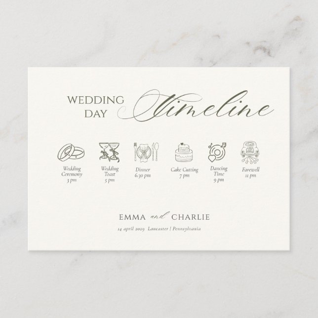 Tarjeta De Recepción Elegant Calligraphy  Wedding Day Timeline (Anverso)