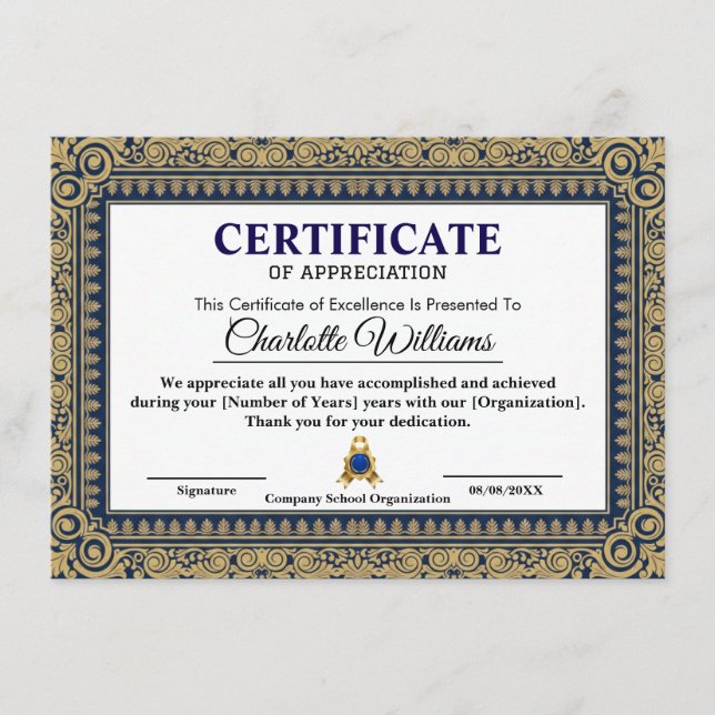 Tarjeta De Recepción Elegant Certificate of Appreciation Blue Gold (Anverso)