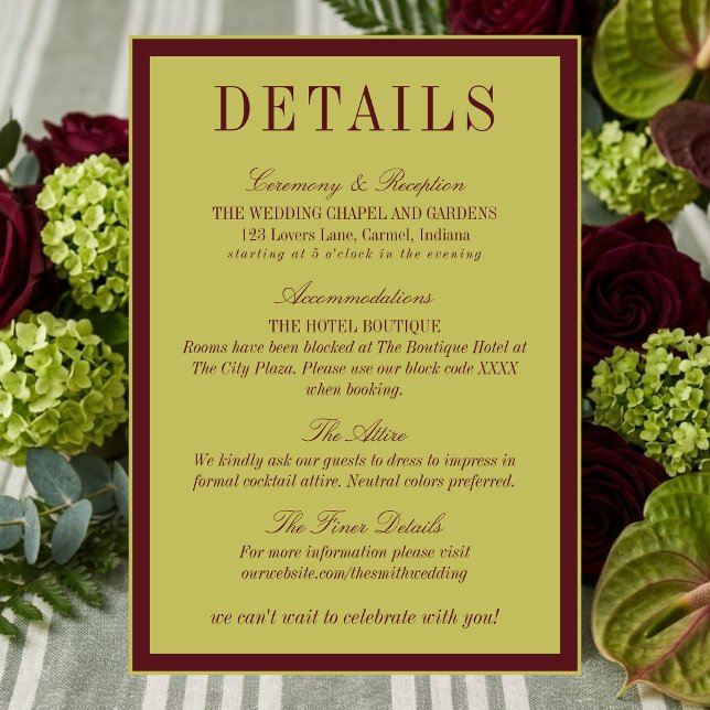 Tarjeta De Recepción Elegant Chartreuse Burgundy Wedding Details (Elegant Chartreuse Burgundy Wedding Details Enclosure Card)