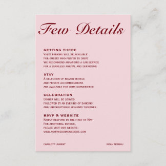Tarjeta De Recepción Elegant Chic Soft Pink Wedding Details Card