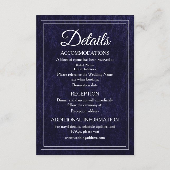 Tarjeta De Recepción Elegant Classic Navy Blue Velvet Wedding Details (Anverso)