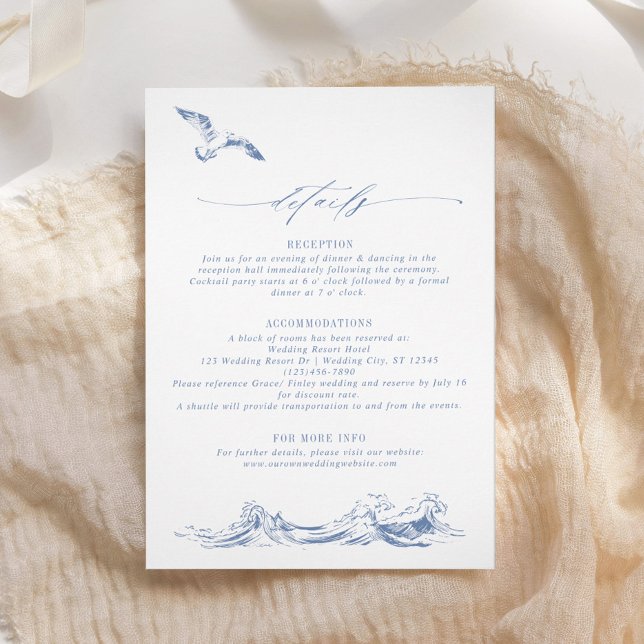 Tarjeta De Recepción Elegant Coastal Chic Blue Wedding Details (Subido por el creador)