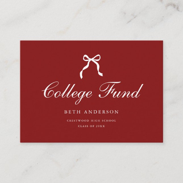 Tarjeta De Recepción Elegant Coquette Bow Red Graduation College Fund (Anverso)