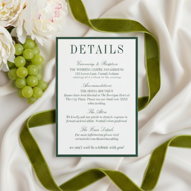 Tarjeta De Recepción Elegant Dark Green Minimalist Wedding Details (Elegant Dark Green Minimalist Wedding Details Enclosure Card)
