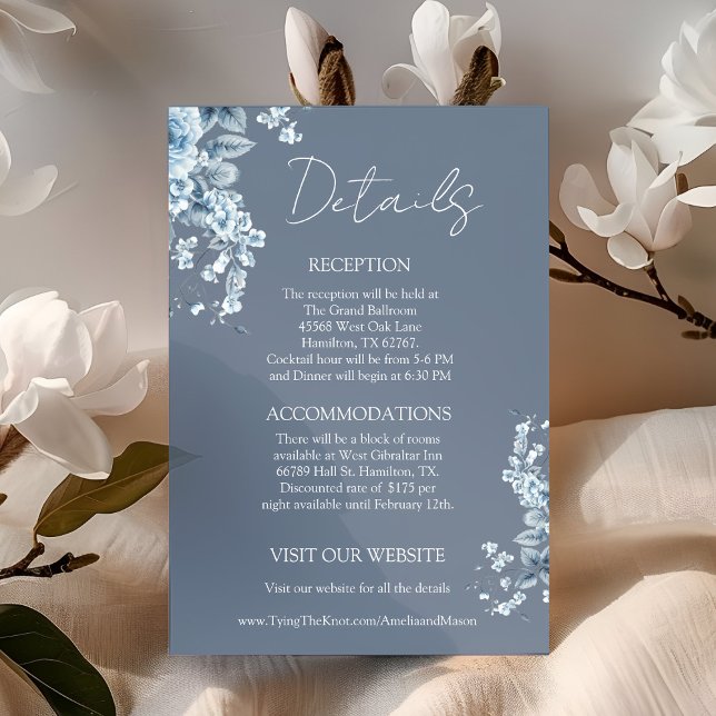 Tarjeta De Recepción Elegant Dusty Blue Floral Details Wedding (Elegant Dusty Blue Floral Details Wedding Enclosure Card)