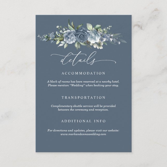 Tarjeta De Recepción Elegant Dusty Blue Floral Wedding Enclosure Card (Anverso)
