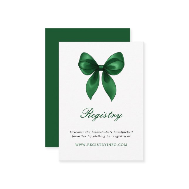 Tarjeta De Recepción Elegant Emerald Green Bow Bridal Shower Registry (Anverso/Reverso In Situ)
