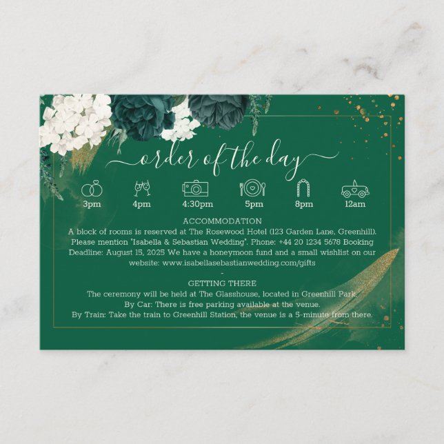 Tarjeta De Recepción Elegant Emerald Watercolor Script Rose Wedding  (Anverso)