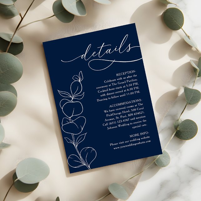 Tarjeta De Recepción Elegant Eucalyptus Navy Blue Wedding Details (Subido por el creador)