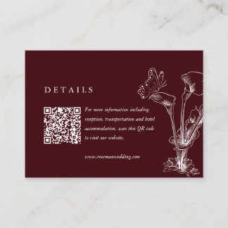 Tarjeta De Recepción Elegant Floral Burgundy Wedding Details QR Code 