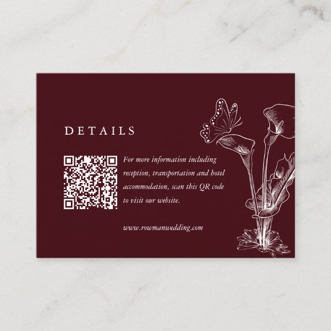 Tarjeta De Recepción Elegant Floral Burgundy Wedding Details QR Code  (Anverso)