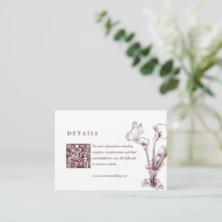 Tarjeta De Recepción Elegant Floral Burgundy Wedding Details QR Code 