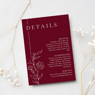 Tarjeta De Recepción Elegant Floral Line Art Burgundy Wedding Details