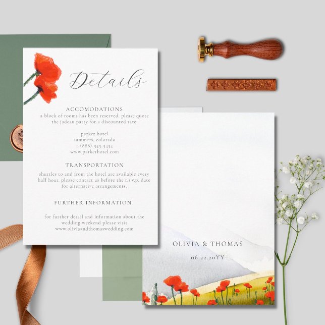 Tarjeta De Recepción Elegant Floral Mountain Red Poppy Wedding Details (Subido por el creador)