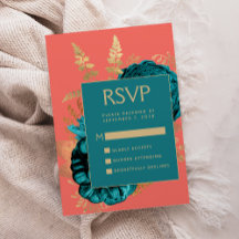 Elegant Floral Teal Blue Coral Gold Wedding RSVP