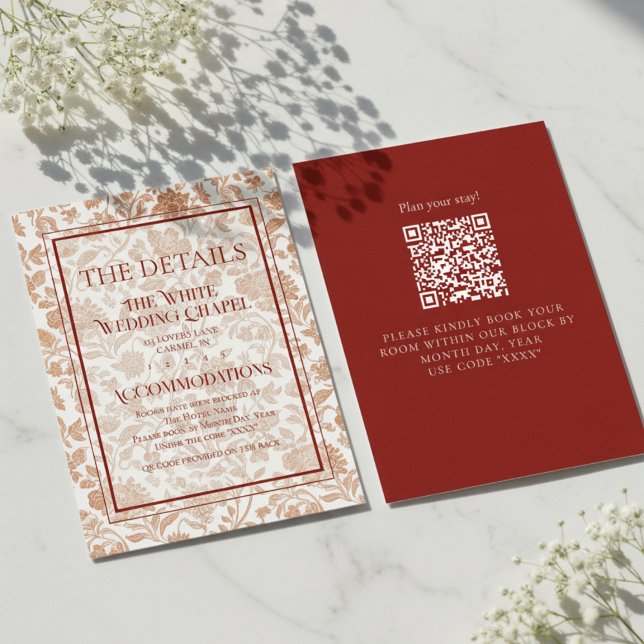 Tarjeta De Recepción Elegant Floral Toile QR Code Wedding Details (Formally invite guests to your big day with this Elegant Floral Toile QR Code Wedding Details Card!)