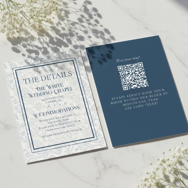 Tarjeta De Recepción Elegant Floral Toile QR Code Wedding Details (Formally invite guests to your big day with this Elegant Floral Toile QR Code Wedding Details Card!)