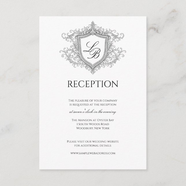 Tarjeta De Recepción Elegant Flourish Crest Monogram Reception Card (Anverso)