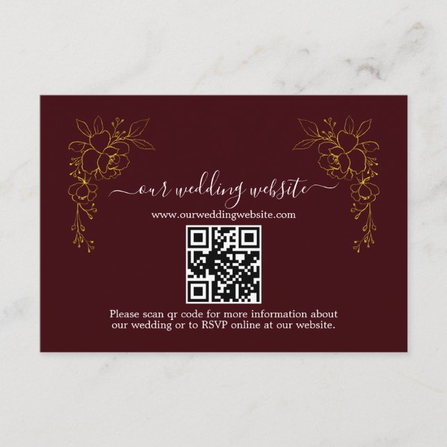 Tarjeta De Recepción Elegant Gold Floral Deep Burgundy QR Code Wedding  (Anverso)
