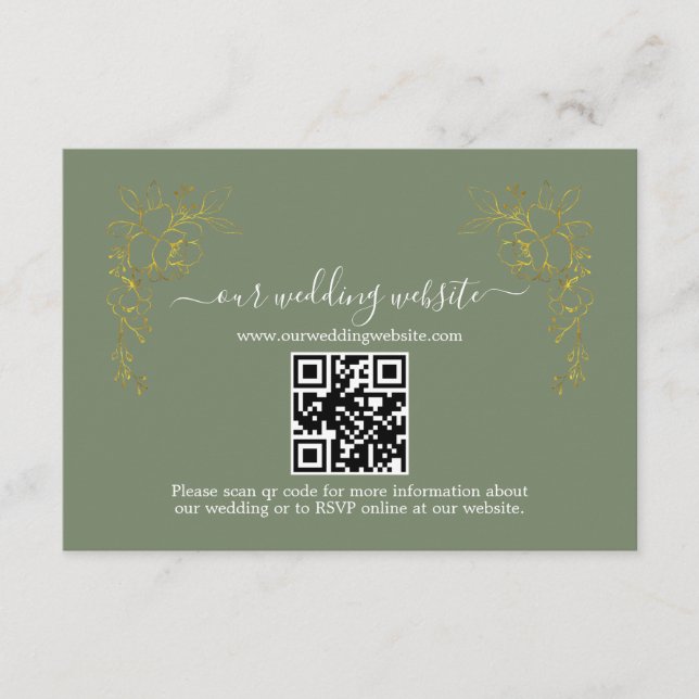 Tarjeta De Recepción Elegant Gold Floral Sage Green QR Code Wedding  (Anverso)