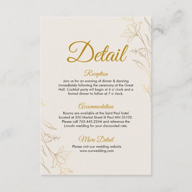 Tarjeta De Recepción Elegant Gold Floral Wedding Details Enclosure Card (Anverso)